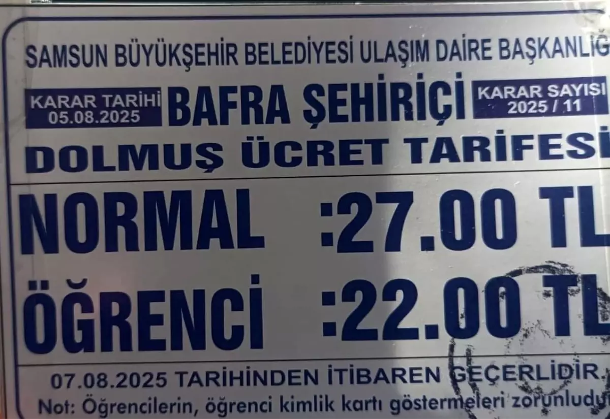Samsun Bafra’da Dolmuş Ücretlerine Zam Yapıldı